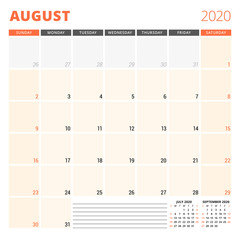 Calendar planner for August 2020. Stationery design template. Week starts on Sunday. Vector illustration