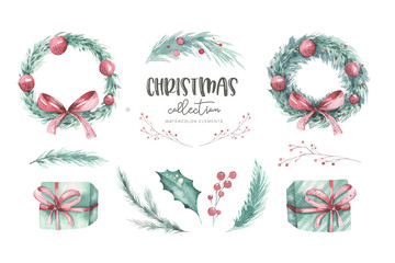 Watercolor Christmas set of wreath with christmas tree spruce branches, flower and berries on a white background isolated. Holiday decoration winter element Scandinavian design style