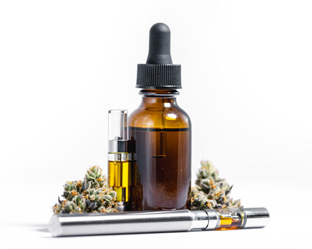 Hemp Oil Vial and Vape Pen with CBD Marijuana for Treatment or Recreation