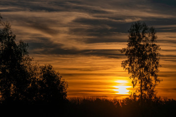 Obraz premium Atardecer en el campo. Bella tarde con suaves nubes coloridas por el sol poniente en un campo de Domselaar, Buenos Aires, Argentina.