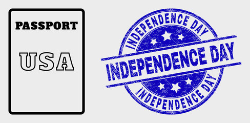 Obraz premium Vector line USA passport icon and Independence Day seal stamp. Blue rounded scratched stamp with Independence Day message. Black isolated USA passport icon in linear style.
