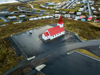 Vik iceland Aerial with Red Church