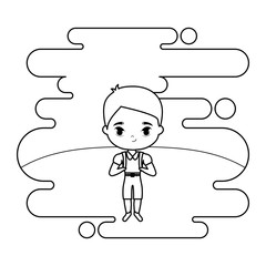 cute little student boy in landscape scene