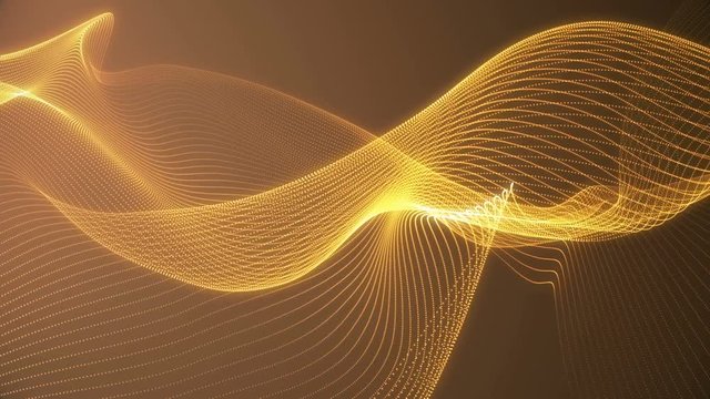 Abstract loopable Gold cg motion waving dots texture with glowing defocused particles. Cyber or technology digital landscape background. 3840x2160 4k uhd