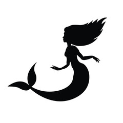 Vector flat black silhouette of swimming mermaid isolated on white background