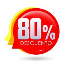 80% Descuento, 80% discount spanish text, bubble sale tag vector illustration, Offer price label.