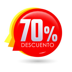 70% Descuento, 70% discount spanish text, bubble sale tag vector illustration, Offer price label.