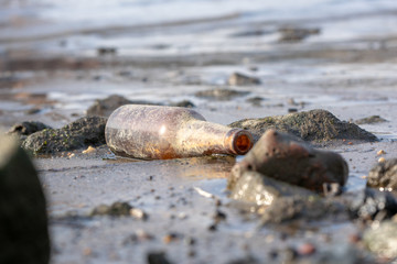 A forlorn brown bottle washed up on the shore