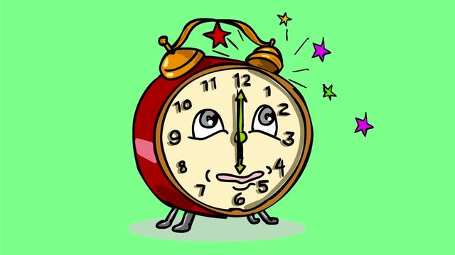 2d Animation cartoon character of an asleep vintage alarm clock setting off ringing alarm and waking up on white and green screen with alpha matte in HD high definition.