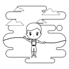 cute little student boy in landscape scene