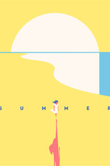 Summer Holiday and Summer Camp poster. Sea sunset, girl walking on beach. Yellow background.