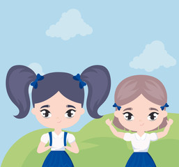 cute little student girls in landscape scene