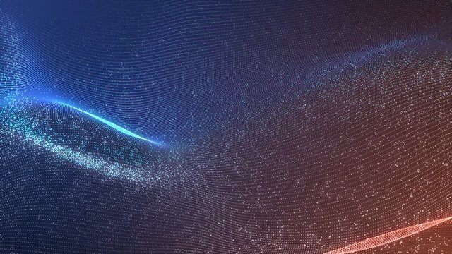 Abstract loopable wavy blue and red background. Flow of glowing neon particles. Cg animation. Sci fi animation.