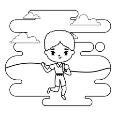 cute little student boy in landscape scene