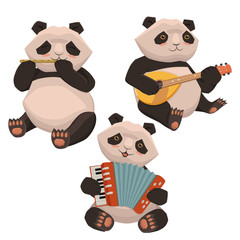 A set of pandas playing musical instruments. Image isolated on white background. Vector graphics.