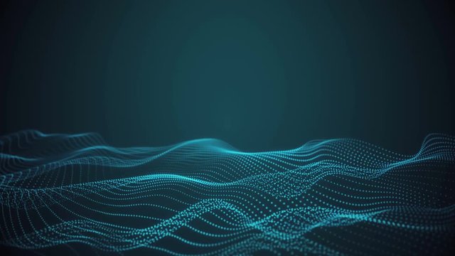4K Abstract loopable blue cg motion waving dots texture with glowing defocused particles. Cyber or technology digital landscape background. 3840x2160 uhd