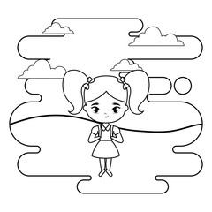 cute little student girl in landscape scene