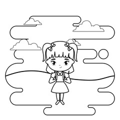 cute little student girl in landscape scene