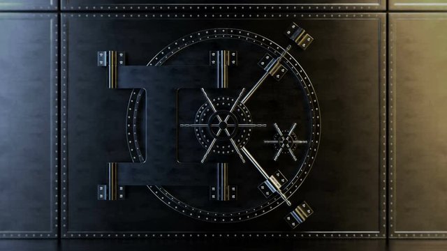 Bank vault. It opens and the camera moves inside. Very heavy steel door. A massive thick wall. Bank robbery. The high quality animation contains the alpha channel.