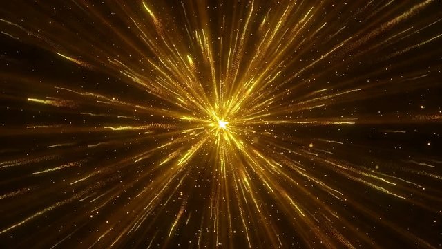 Explosion gold lights sparkles. Glowing light explodes. Flare in center. 4k Festive golden motion background.
