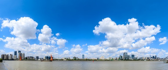 Shanghai city skyline under the blue sky