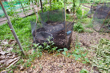 Compost fertilizer, dried leaf in the plastic net