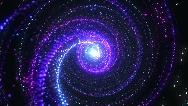 4K Abstract technology neon lines spiral tunnel. Blue and purple dots construction. Camera rotates and moves forward towards the vivid light flare. Dynamic background for project