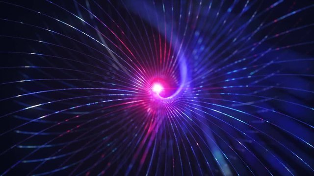 4K Abstract technology neon lines spiral tunnel. Blue and purple dots construction. Camera rotates and moves forward towards the vivid light flare. Dynamic background for project