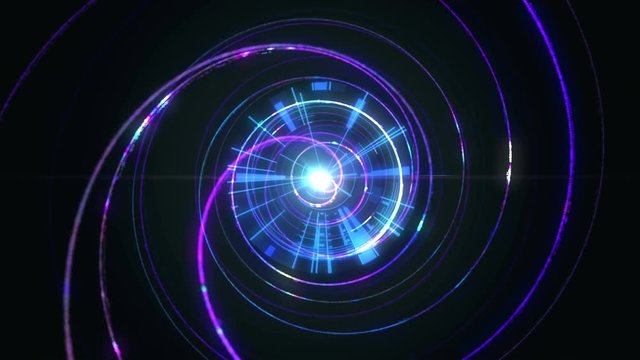 4K Abstract technology neon lines spiral tunnel. Blue and purple dots construction. Camera rotates and moves forward towards the vivid light flare. Dynamic background for project