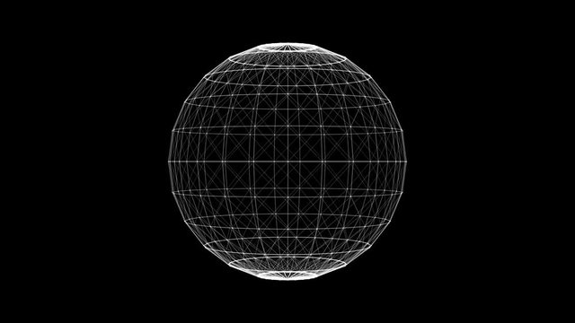 White sphere. Lines grid. Wireframe globe. Loop rotated element. isolated on  black background.