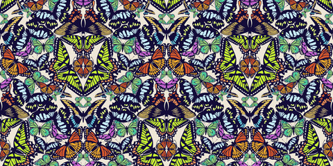 Seamless vector pattern, from various colored butterflies, making up a fashionable natural mosaic print for luxury fabric or paper, prints pillows, summer clothing. Trendy vector abstract background
