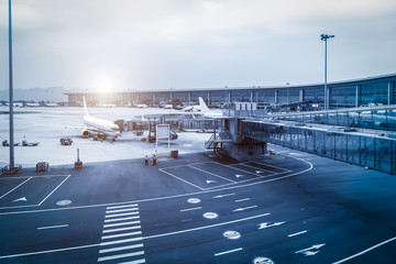 Airport runway apron and terminal building..