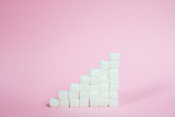 Stack the sugar cubes from ascending to pink background - the concept of high blood sugar risk.