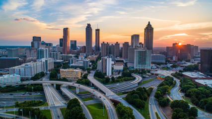 Atlanta, Georgia, USA Skyline Drone Sunset