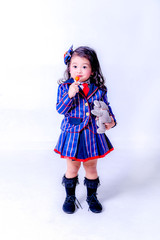 portrait of a little girl. happy little girl in studio, fashion kids portrait white bacground.