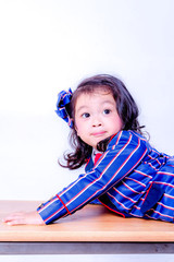 portrait of a little girl. happy little girl in studio, fashion kids portrait white bacground.