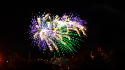 White purple gold and green fireworks