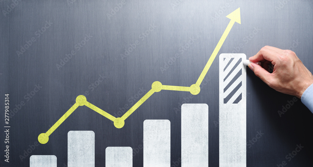 Poster business growth analysis and advice concept. consultant drawing bar chart and line graph on chalkboa