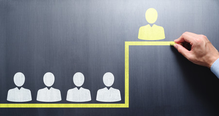 Career development and differentiation. Team and Leader. Businessman drawing people and step on...