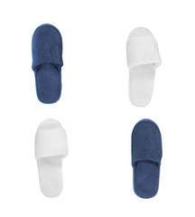 Blue and white comfortable slippers isolate on white background