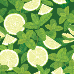 Seamless pattern of green mint leaves with lime on background template. Vector set of herbal element for advertising, packaging design, greeting card and fashion design.