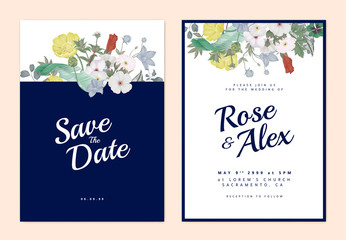 Botanical wedding invitation card template design, flowers bouquet and leaves, dark blue and white theme