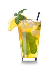 Glass of tasty summer cocktail on white background