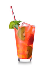 Glass of tasty summer cocktail on white background