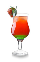 Glass of tasty summer cocktail on white background