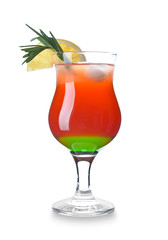 Glass of tasty summer cocktail on white background