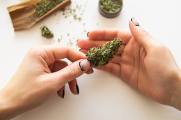Woman preparing and rolling marijuana cannabis joint. marijuana use concept. Woman rolling a...