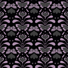 A seamless vintege damask moody vector pattern with butterflies and florals. Surface print design.