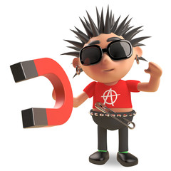 Cartoon vicious punk rocker demonstrates magnetism, 3d illustration
