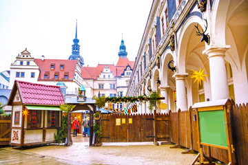 Gateway to the Christmas Market stylized under the Middle Ages in Stallhof, courtyard of castle...